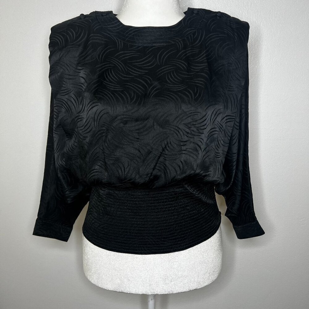 Women's Vintage Silk Blouse Sz 12 Black Shoulder Pads Dolman Retro Disco 70s 80s